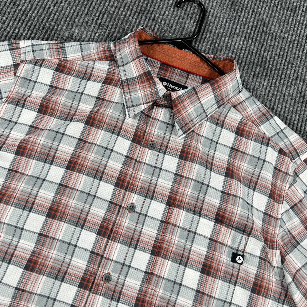 Marmot Shirt Mens XL Extra Large Gray Orange Plaid Short Sleeve Button Up Hiking